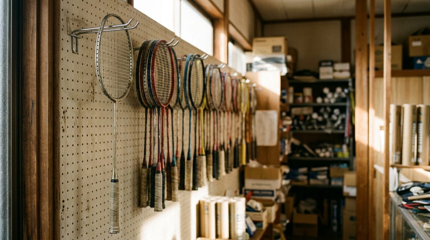 店の壁に並ぶラケット