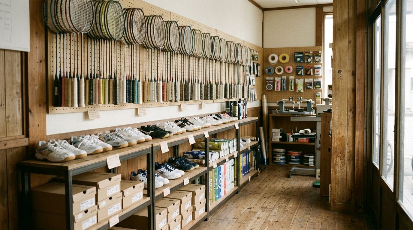 ラケットとシューズが並ぶ店内